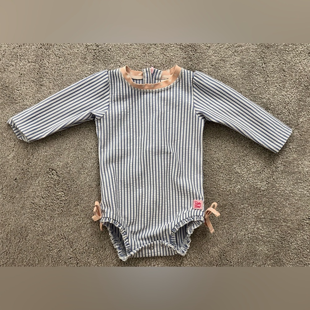 Ruffle Butts Blue and Pink Seersucker Rashguard - 6-12 months